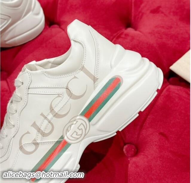 Top Design Gucci Rhyton Sneakers in Ivory White Leather with Web Logo 906107