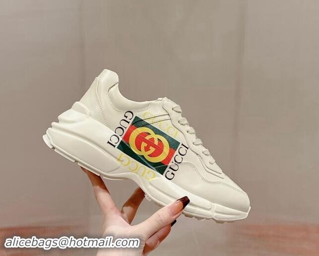 Luxury Cheap Gucci Rhyton Sneakers in Ivory White Leather with Gucci Logo 906109