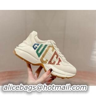 Low Price Gucci Rhyton Sneakers in Ivory White Leather with GUCCI Print 906114