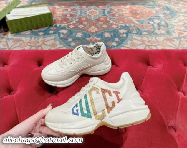 Low Price Gucci Rhyton Sneakers in Ivory White Leather with GUCCI Print 906114