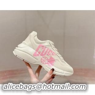 Luxurious Gucci Rhyton Sneakers in Ivory White Leather with Pink Logo 906115