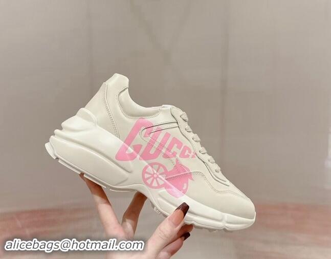 Luxurious Gucci Rhyton Sneakers in Ivory White Leather with Pink Logo 906115