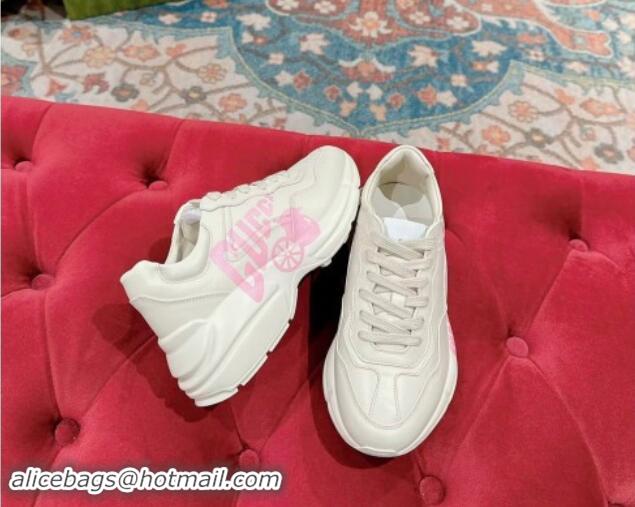 Luxurious Gucci Rhyton Sneakers in Ivory White Leather with Pink Logo 906115