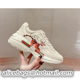 Most Popular Gucci Rhyton Sneakers in Ivory White Leather with Tiger Print 906116