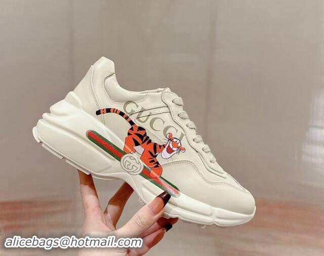 Most Popular Gucci Rhyton Sneakers in Ivory White Leather with Tiger Print 906116