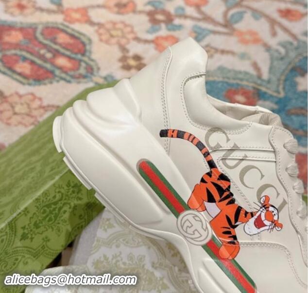 Most Popular Gucci Rhyton Sneakers in Ivory White Leather with Tiger Print 906116