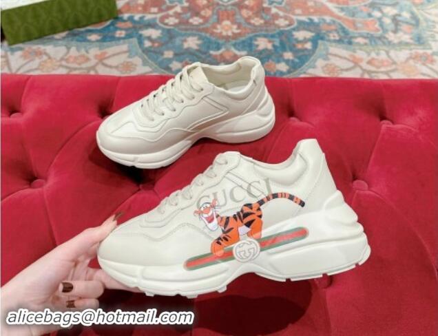 Most Popular Gucci Rhyton Sneakers in Ivory White Leather with Tiger Print 906116