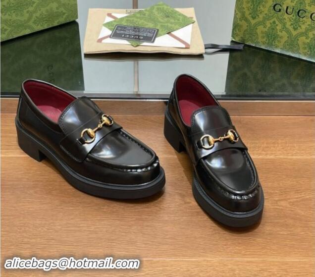 Cheap Price Gucci Horsebit Shiny Leather Loafers 4.5cm Black 906130