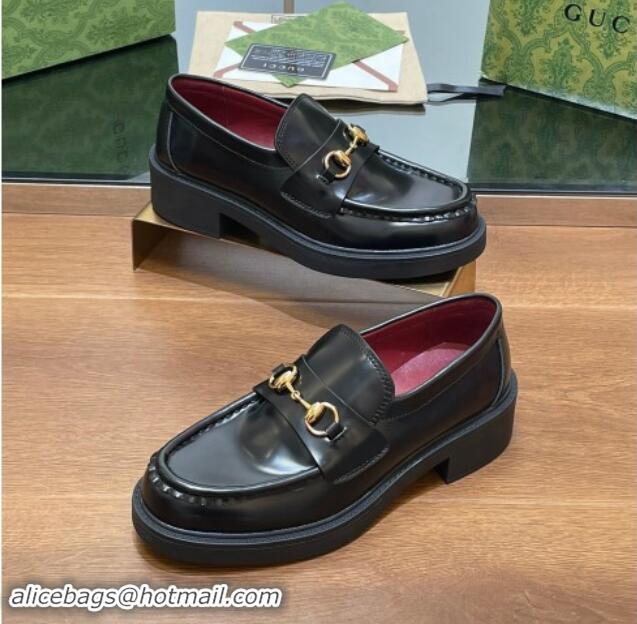 Cheap Price Gucci Horsebit Shiny Leather Loafers 4.5cm Black 906130