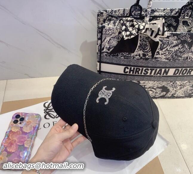 Buy Inexpensive Celine Canvas Baseball Hat with Crystals with Chain 0706 Black