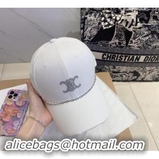 Promotional Celine Canvas Baseball Hat with Crystals with Chain 0706 White