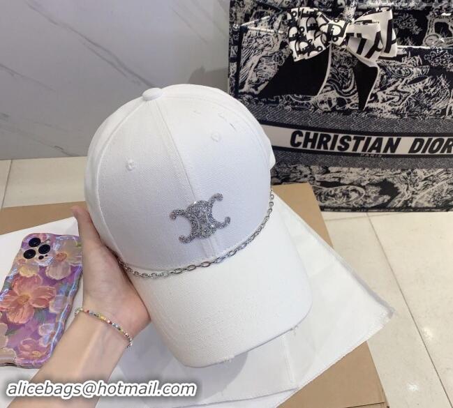 Promotional Celine Canvas Baseball Hat with Crystals with Chain 0706 White