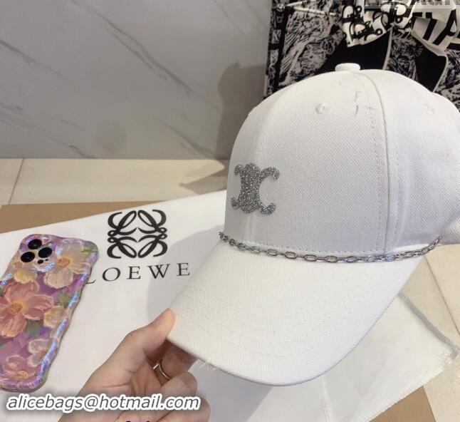 Promotional Celine Canvas Baseball Hat with Crystals with Chain 0706 White