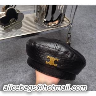 Pretty Style Celine Leather Beret Hat 091201 Black 2023