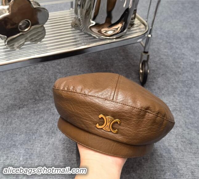 Buy Cheapest Celine Leather Beret Hat 091201 Brown 2023