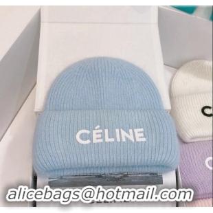 Luxury Cheap Celine Rabbit Fur Knit Hat CE10182 Light Blue 2023