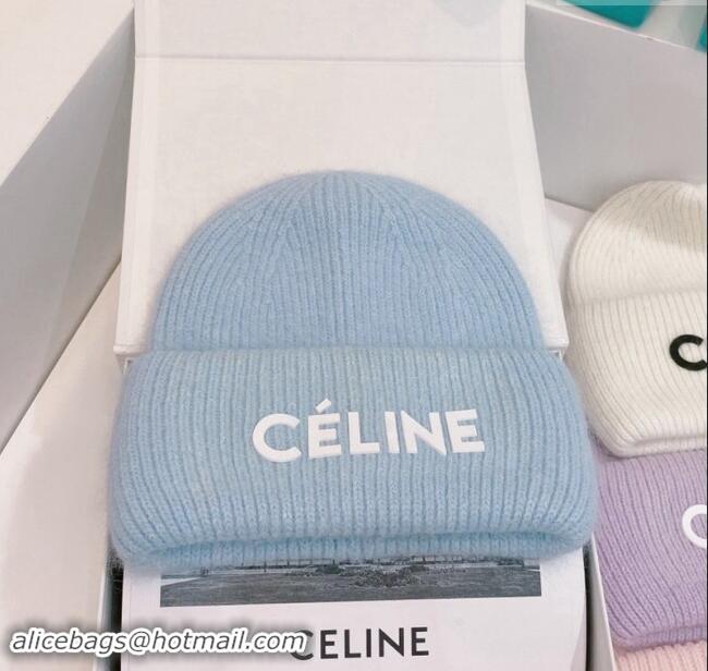 Luxury Cheap Celine Rabbit Fur Knit Hat CE10182 Light Blue 2023