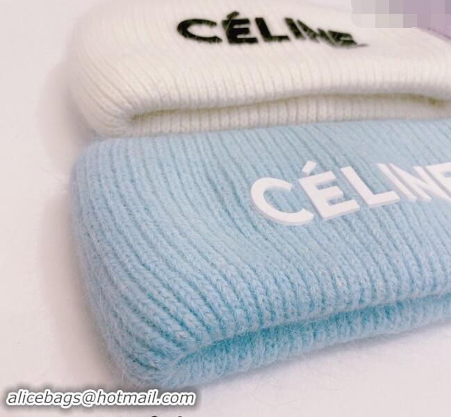 Luxury Cheap Celine Rabbit Fur Knit Hat CE10182 Light Blue 2023