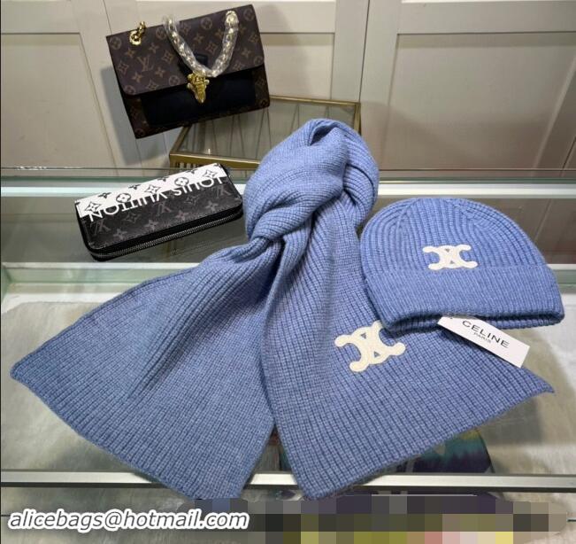 Grade Quality Celine Knit Hat and Scarf Set CE10183 Light Blue 2023