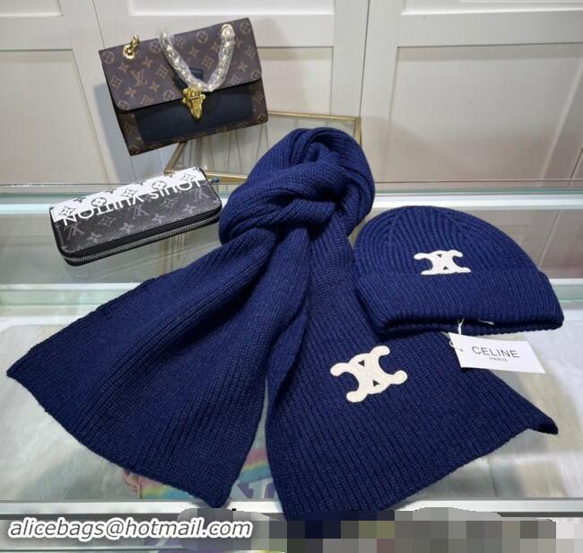 Buy Discount Celine Knit Hat and Scarf Set CE10183 Royal Blue 2023