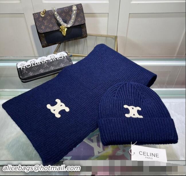 Buy Discount Celine Knit Hat and Scarf Set CE10183 Royal Blue 2023