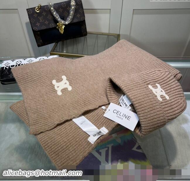 Luxury Cheap Celine Knit Hat and Scarf Set CE10183 Beige 2023