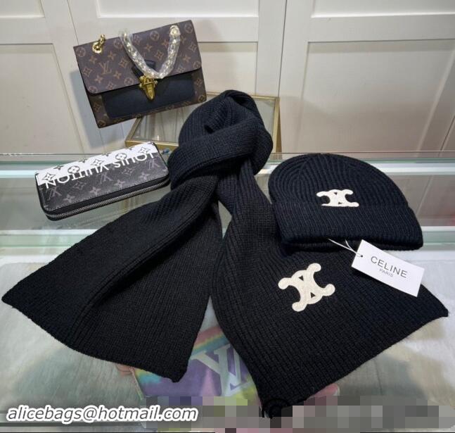 Reasonable Price Celine Knit Hat and Scarf Set CE10183 Black 2023