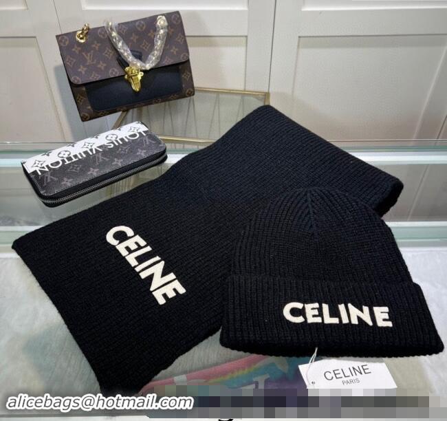 Traditional Discount Celine Knit Hat and Scarf Set CE10183 Black 2023