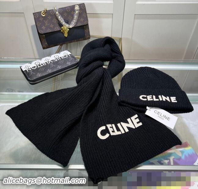 Traditional Discount Celine Knit Hat and Scarf Set CE10183 Black 2023