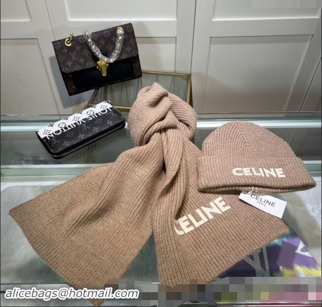 Famous Brand Celine Knit Hat and Scarf Set CE10183 Beige 2023