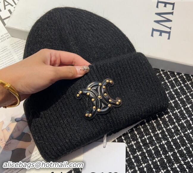 Top Design Celine Triomphe Knit Hat with Studs CE122203 Black 2023