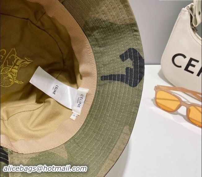 Cheap Design Celine Green Camouflage Bucket Hat with CELINE 0112 2024