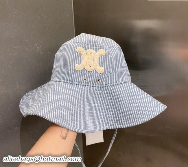 Buy Discount Celine Striped Fabric Wide Brim Hat 0301 Light Blue 2024