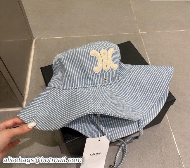 Buy Discount Celine Striped Fabric Wide Brim Hat 0301 Light Blue 2024