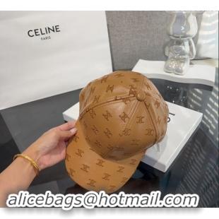 Top Grade Celine Embroidered logo Leather Baseball Hat 0302 Brown 2024