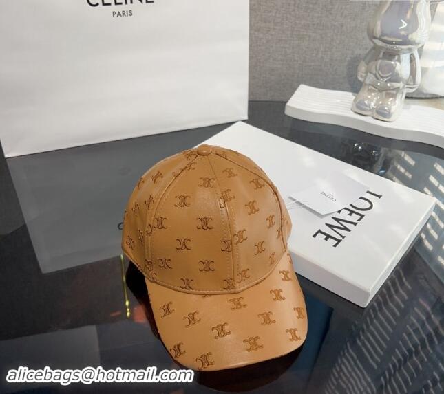 Top Grade Celine Embroidered logo Leather Baseball Hat 0302 Brown 2024