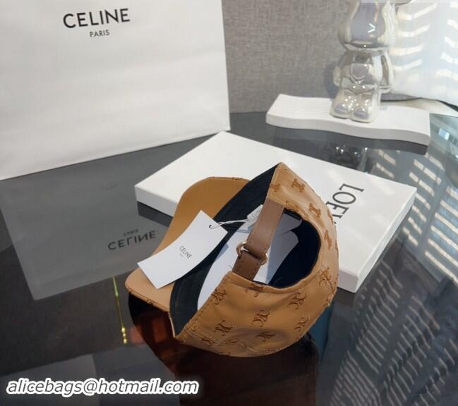 Top Grade Celine Embroidered logo Leather Baseball Hat 0302 Brown 2024