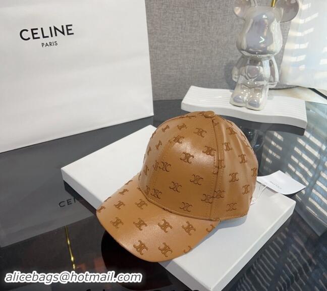 Top Grade Celine Embroidered logo Leather Baseball Hat 0302 Brown 2024