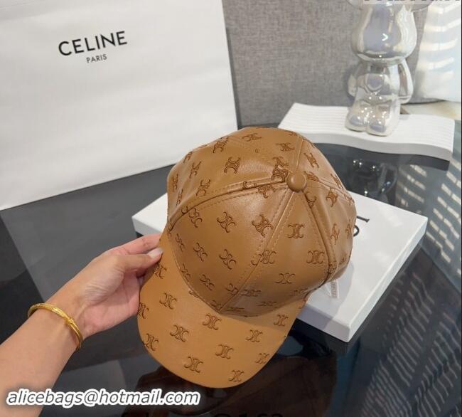 Top Grade Celine Embroidered logo Leather Baseball Hat 0302 Brown 2024