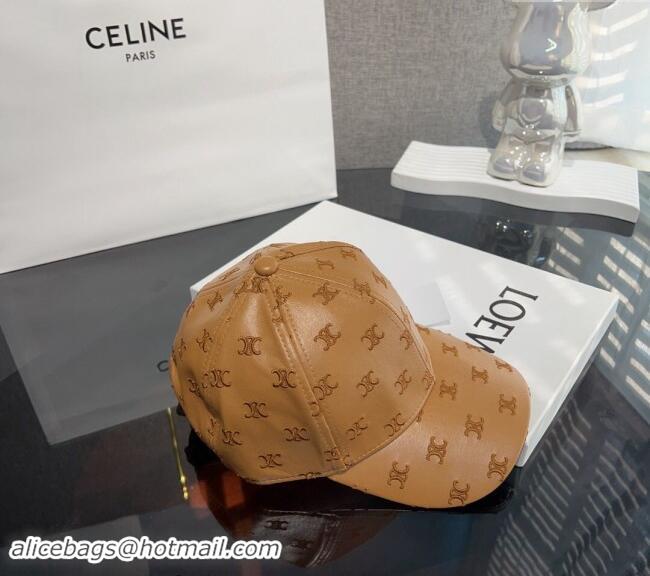 Top Grade Celine Embroidered logo Leather Baseball Hat 0302 Brown 2024