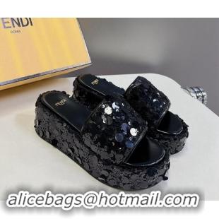 Perfect Fendi Sequins Wedge Slides Sandal 6cm Black 813109