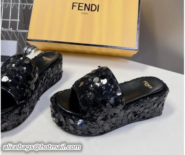 Perfect Fendi Sequins Wedge Slides Sandal 6cm Black 813109