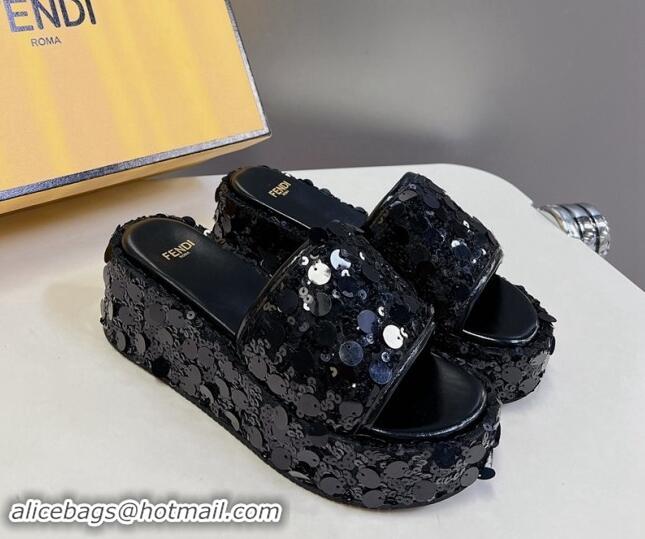 Perfect Fendi Sequins Wedge Slides Sandal 6cm Black 813109