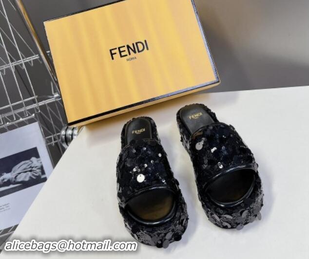 Perfect Fendi Sequins Wedge Slides Sandal 6cm Black 813109