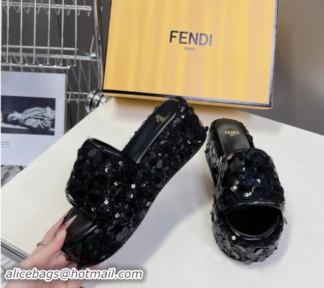 Perfect Fendi Sequins Wedge Slides Sandal 6cm Black 813109