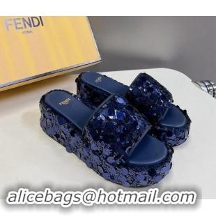 Hot Style Fendi Sequins Wedge Slides Sandal 6cm Blue 813110