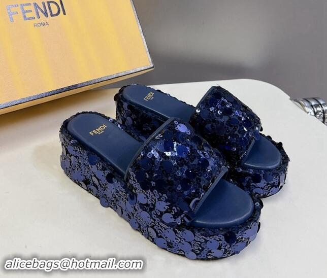 Hot Style Fendi Sequins Wedge Slides Sandal 6cm Blue 813110