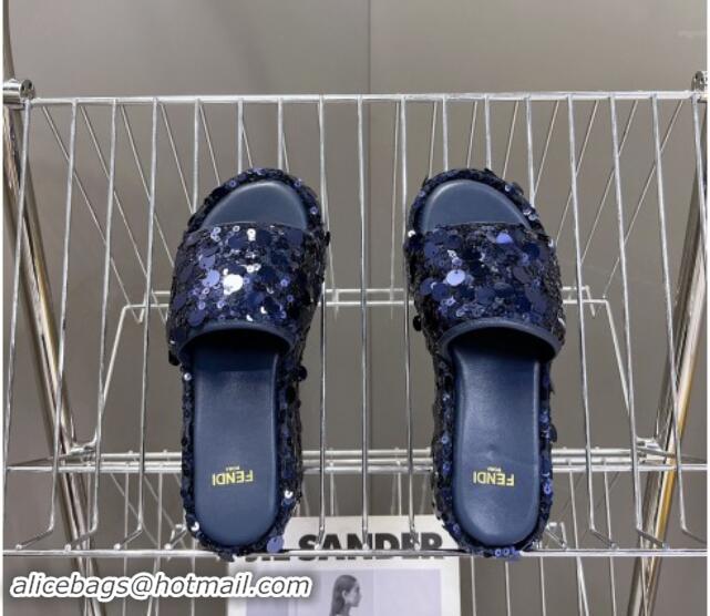 Hot Style Fendi Sequins Wedge Slides Sandal 6cm Blue 813110