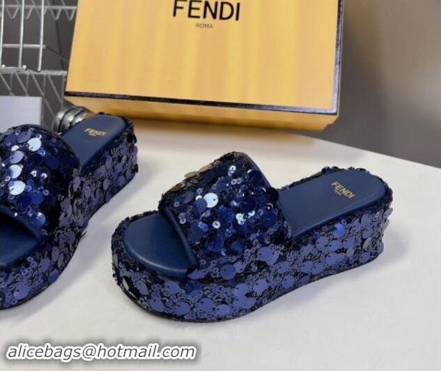 Hot Style Fendi Sequins Wedge Slides Sandal 6cm Blue 813110