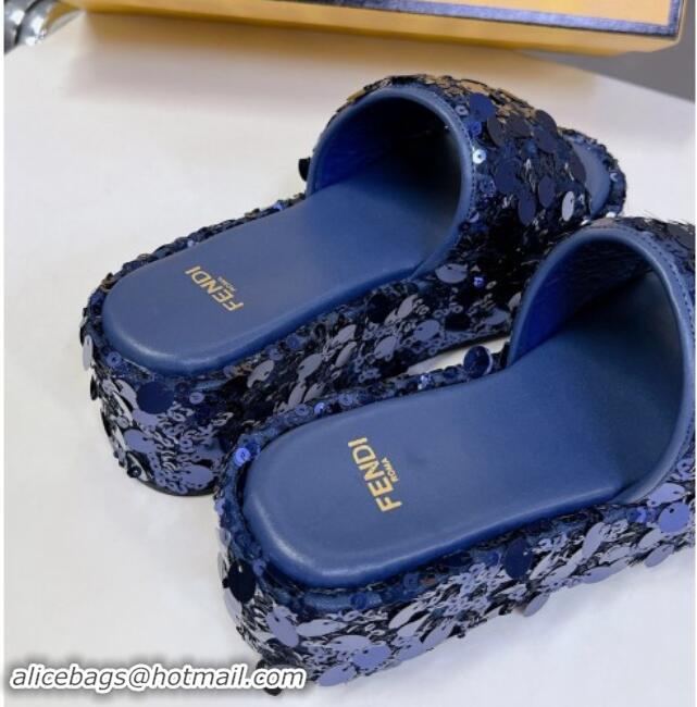 Hot Style Fendi Sequins Wedge Slides Sandal 6cm Blue 813110